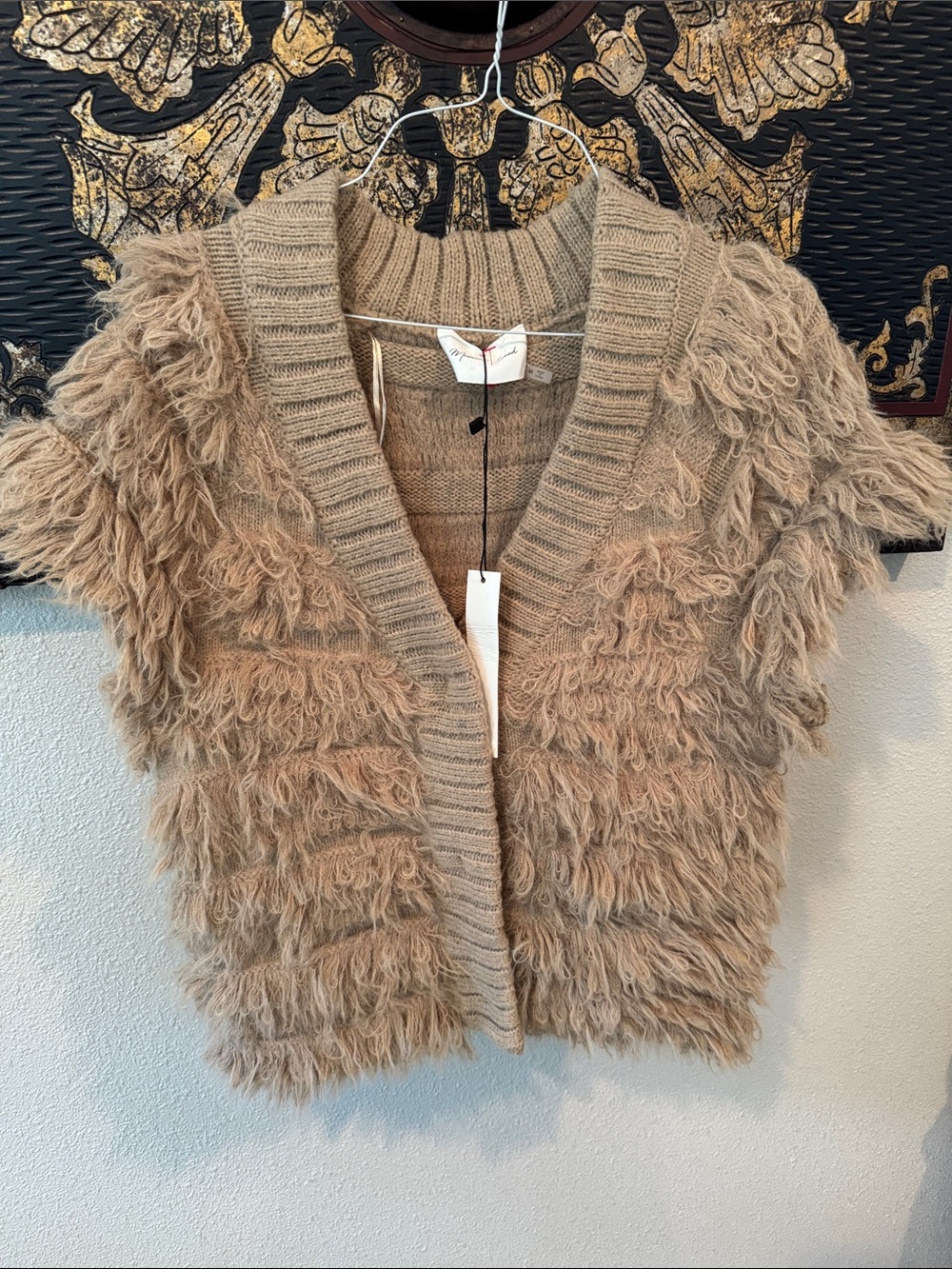 Mustard Seed Taupe Shaggy Fringe Open-Front Short-Sleeve Cardigan